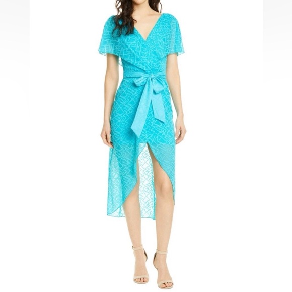 Alice & Olivia Silk-Cotton Tie-Waist Wrap Turquoise Dress - 8 - Picture 1 of 15
